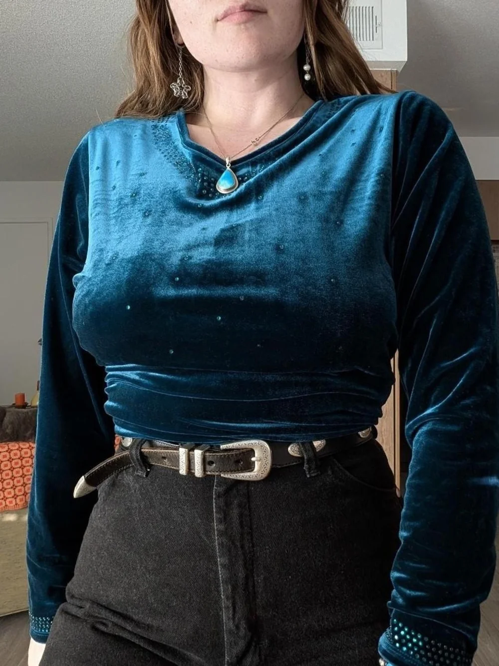 Turquoise Velvet Long-Sleeve Top